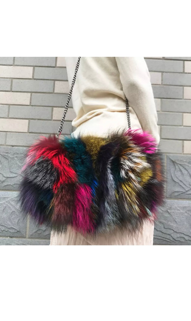 FHQHTH Faux Fox Fur Purse Fuzzy Handbags for Women Evening Handbags Al  alloy Shoulder Strap Grey